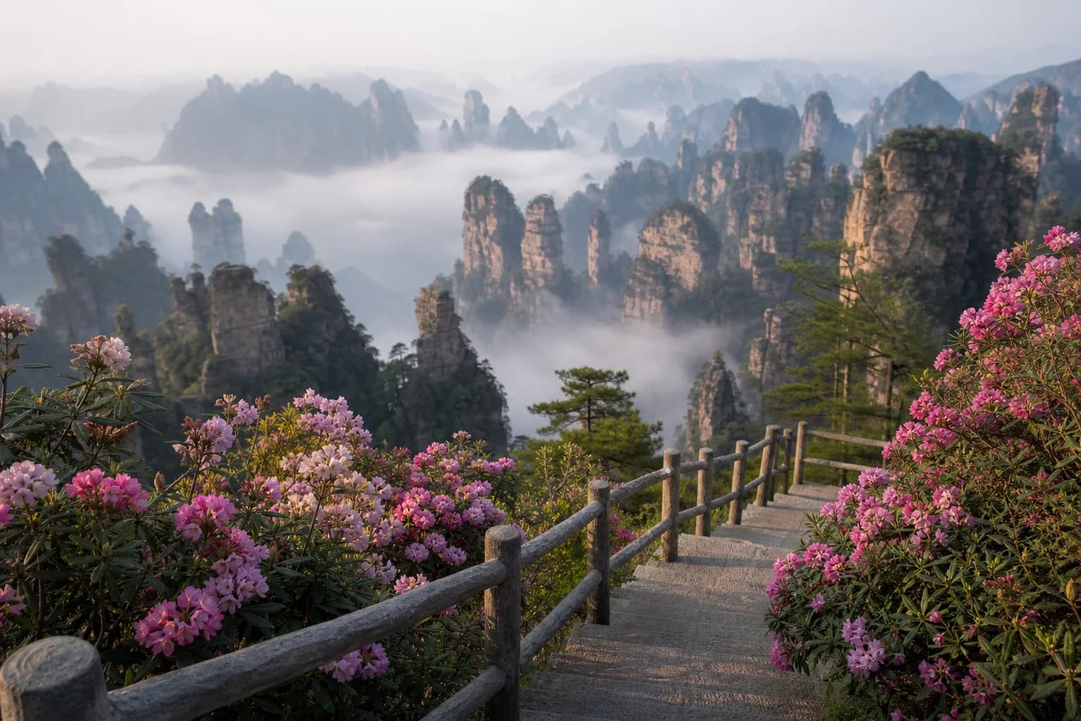Vista de los rododendros de primavera a lo largo de un camino a la cumbre de la aldea de Huangshi