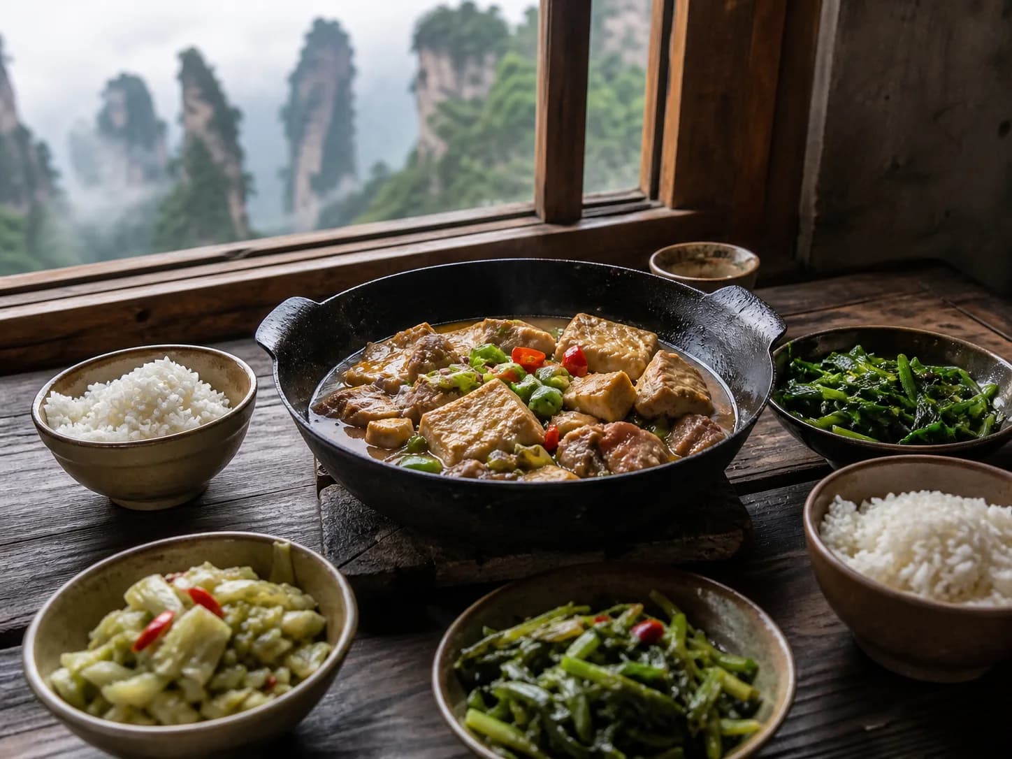 Imagen de una comida sanxiaguo al estilo Tujia