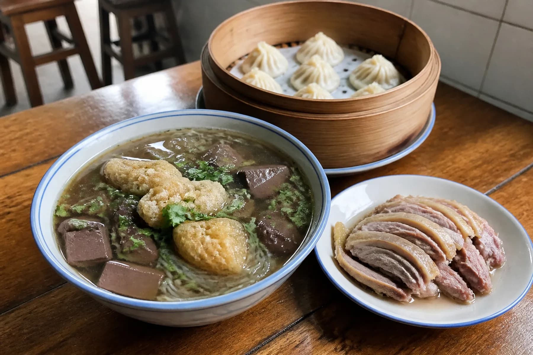 Comida de Nanjing con sopa de fideos con sangre de pato, pato salado y albóndigas de sopa