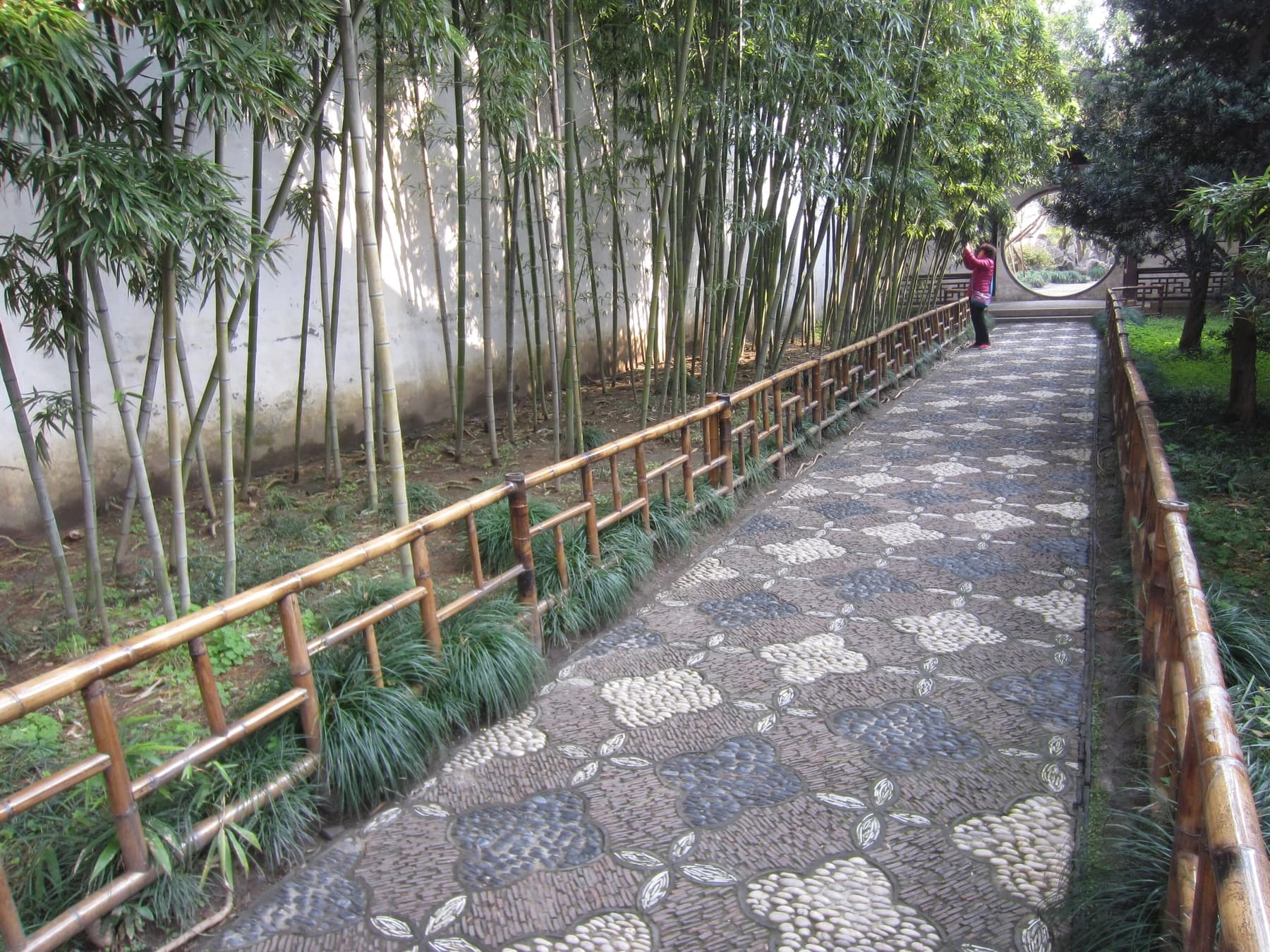 Camino revestido de bambú y corredor enmarcado en Lingering Garden