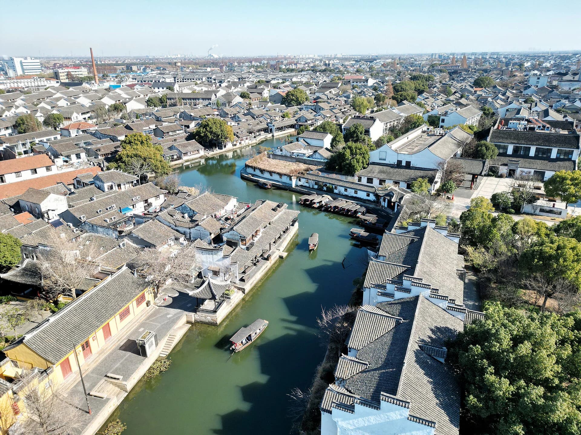 Aerial geography of canals and roofs in Xitang Ancient Town