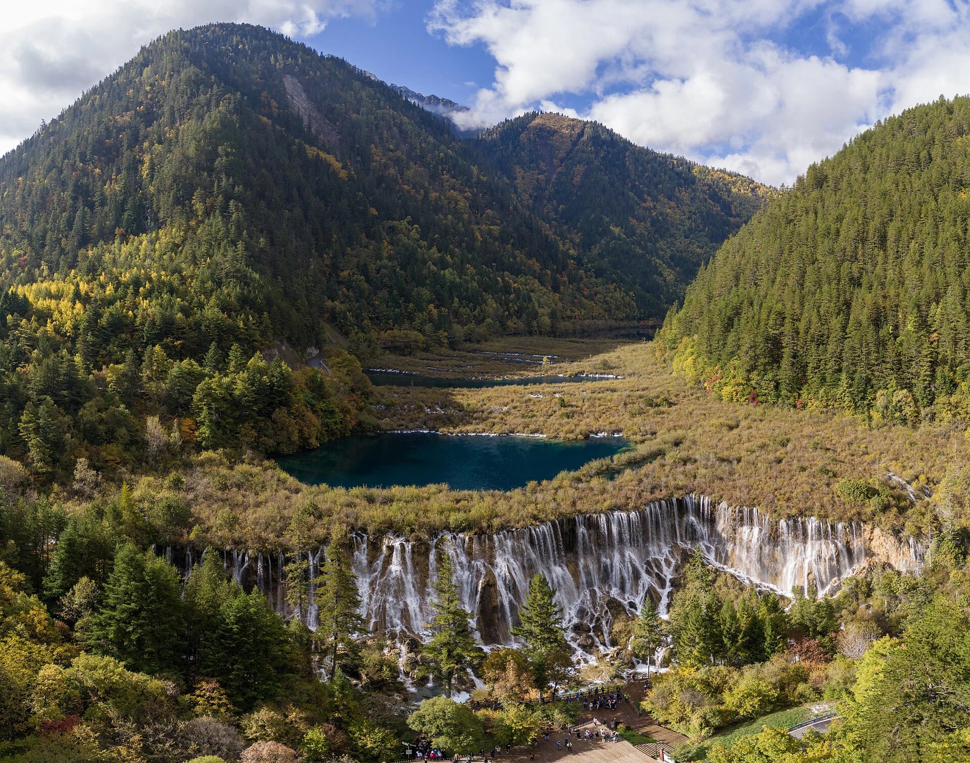 Nuorilang lakes and waterfalls spread across a forested Jiuzhaigou valley