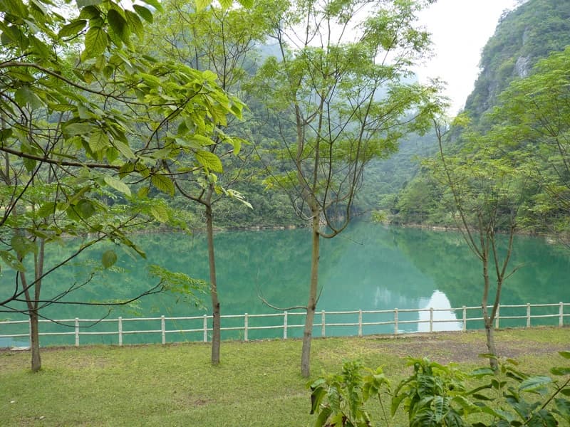 Green water and forested karst cliffs along the Daqikong route