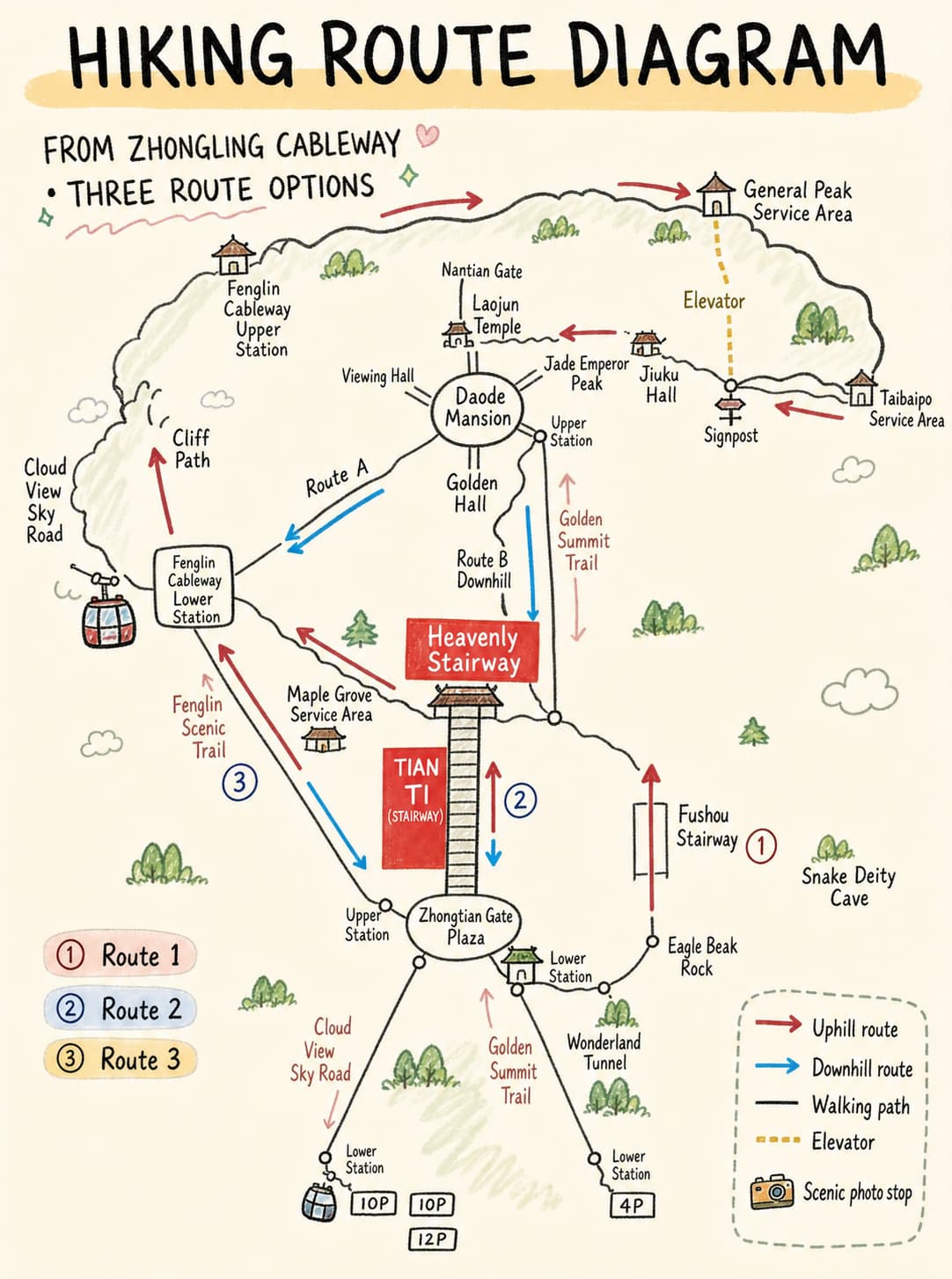 English route map for Laojun Mountain from Luoyang: Forecast, Cableways and Return Cutoff, option 3