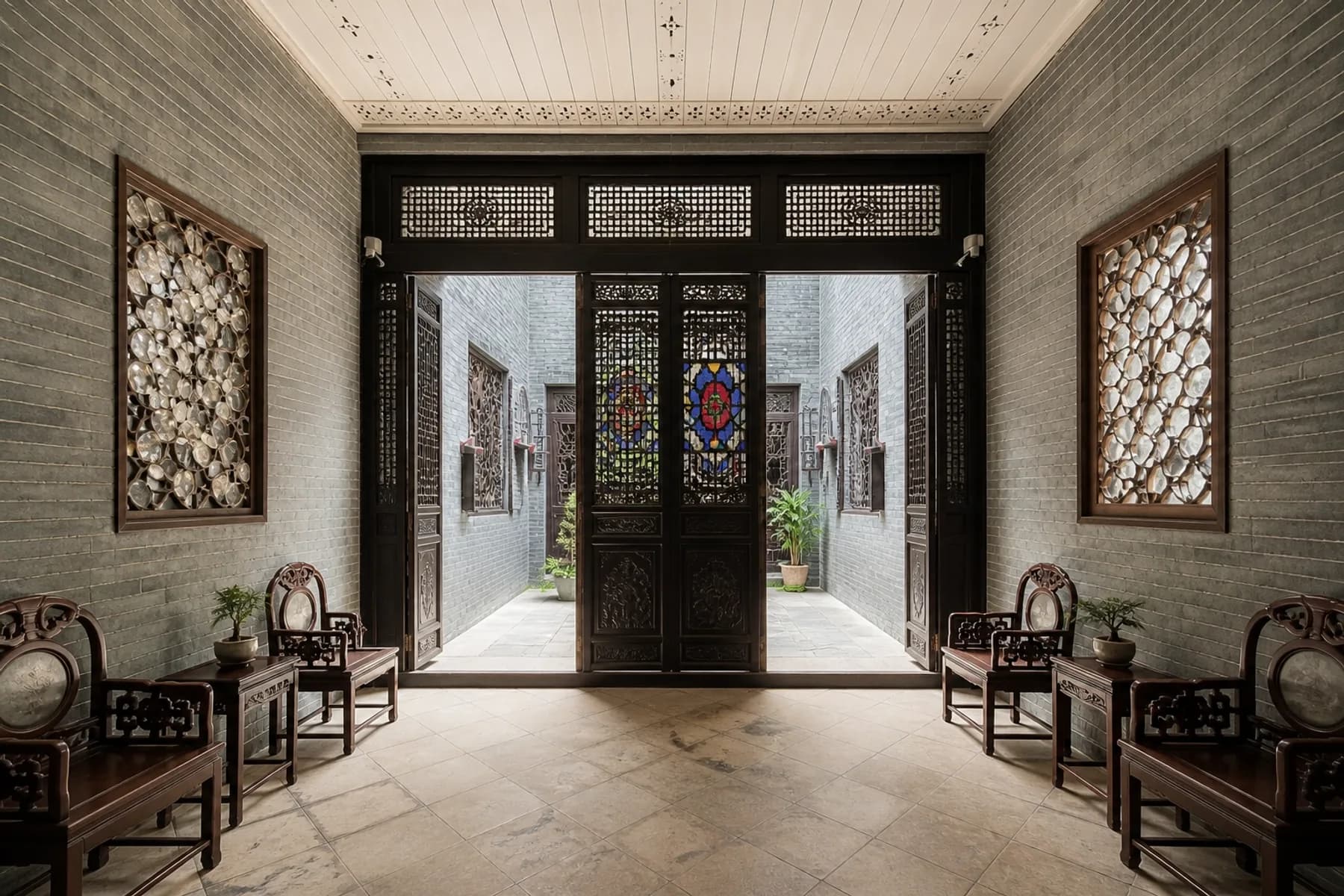 Interpretación de un salón de ladrillo gris, una pantalla tallada y un patio iluminado dentro de una casa de comerciantes de Macao