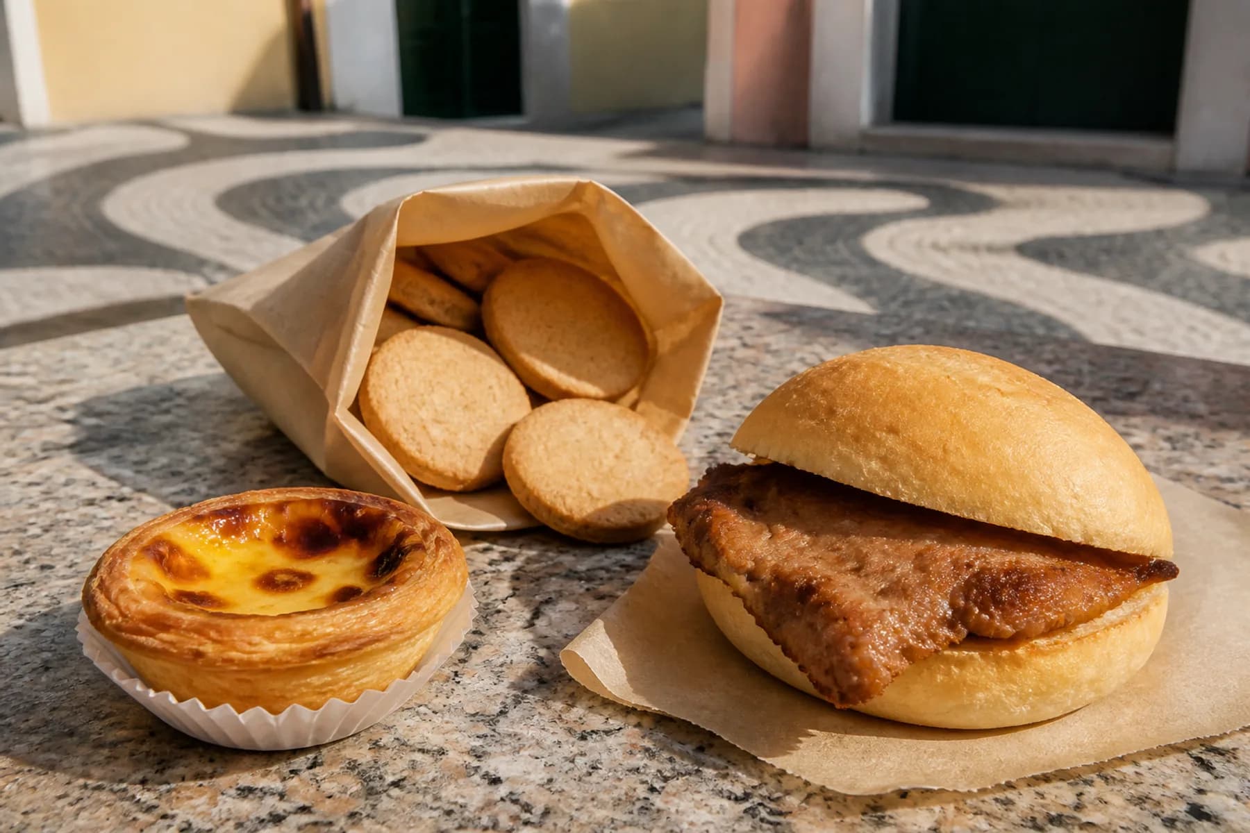 Pausa para un aperitivo en Macao con una tarta de huevo, galletas de almendra y un bocadillo de chuleta de cerdo