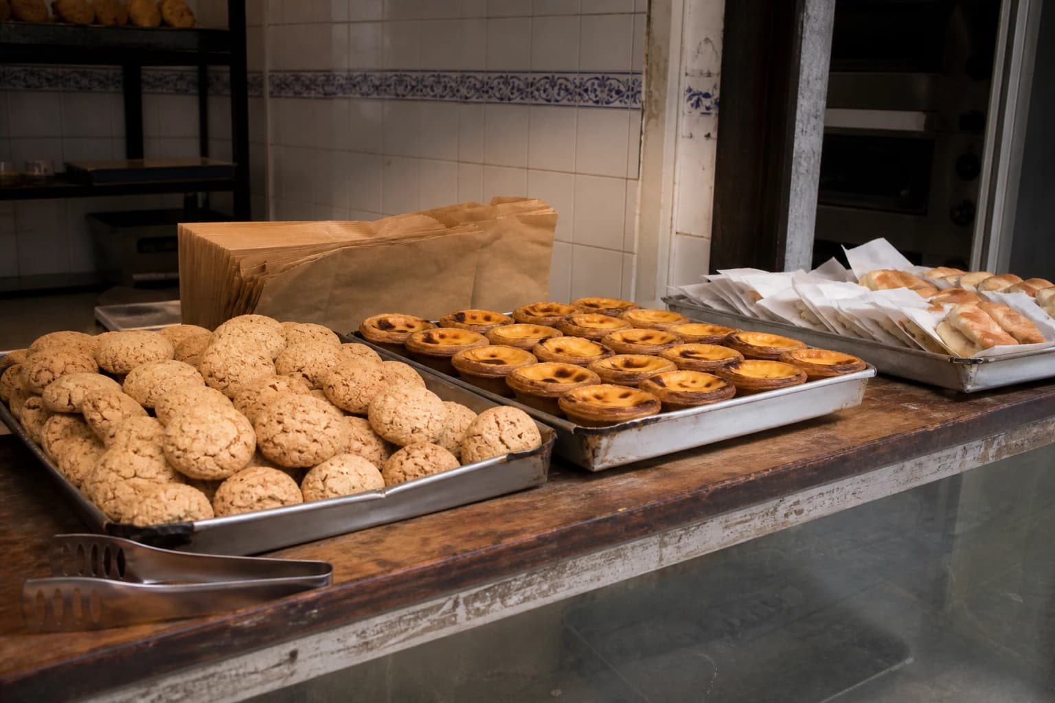 Escena con galletas de almendra y tartas de huevo en una panadería sin marca de Macao