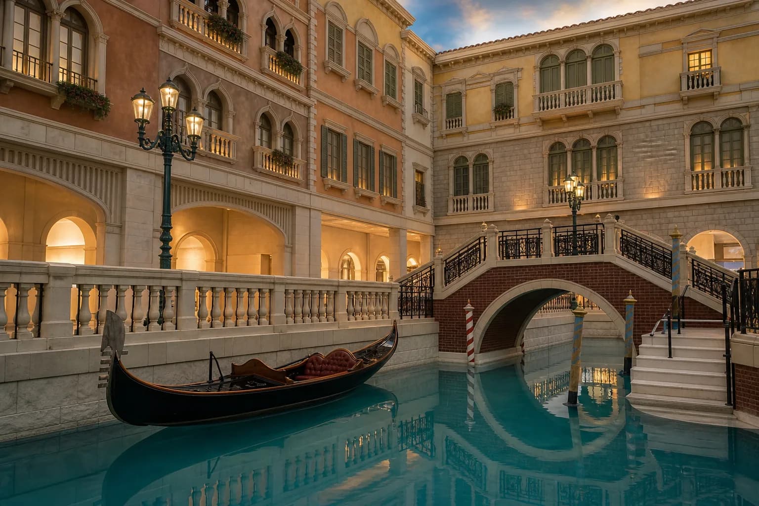 Vista de una góndola y un puente arqueado dentro de The Venetian Macao