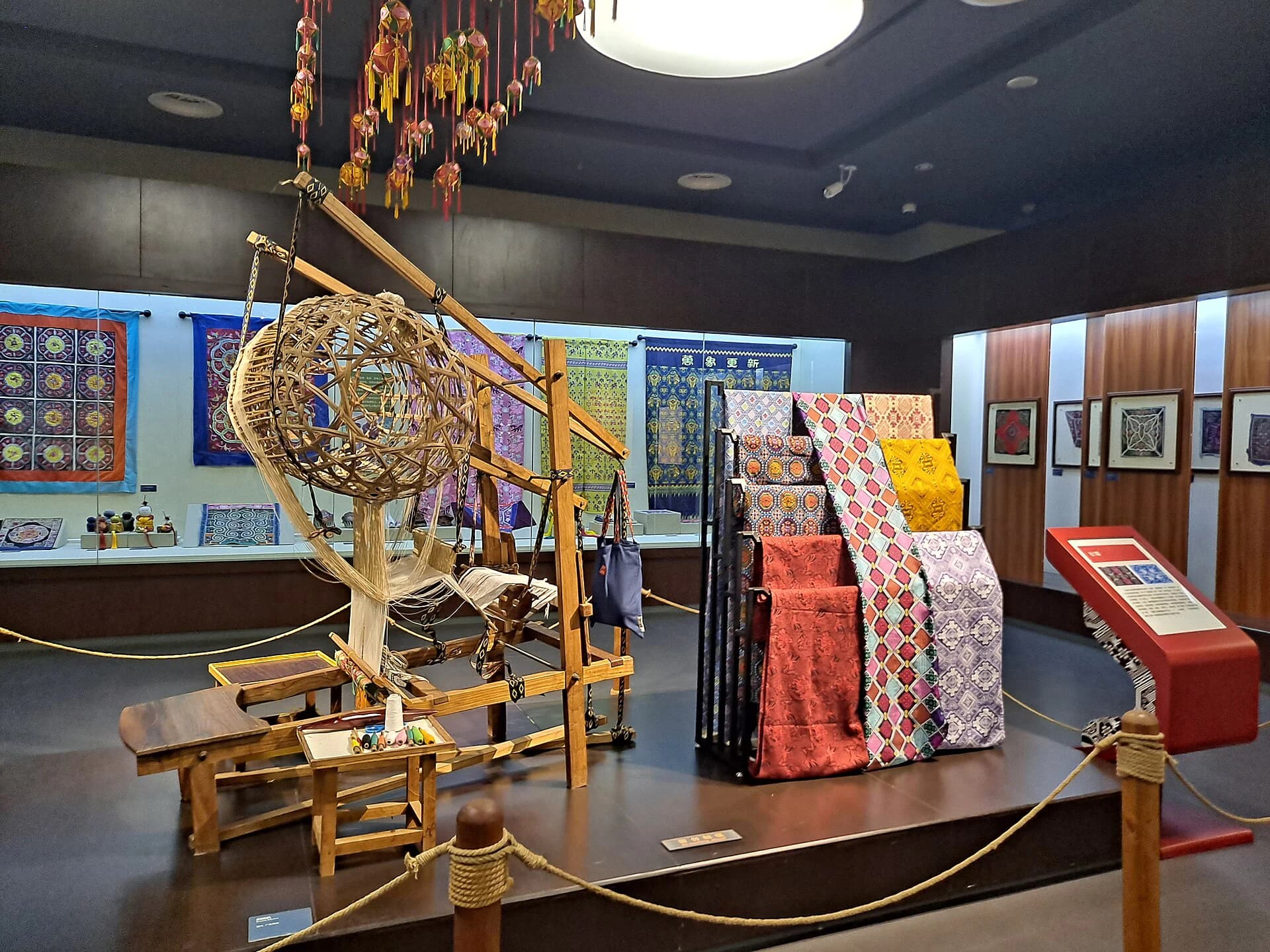 Textiles and weaving material photographed inside the Anthropology Museum of Guangxi