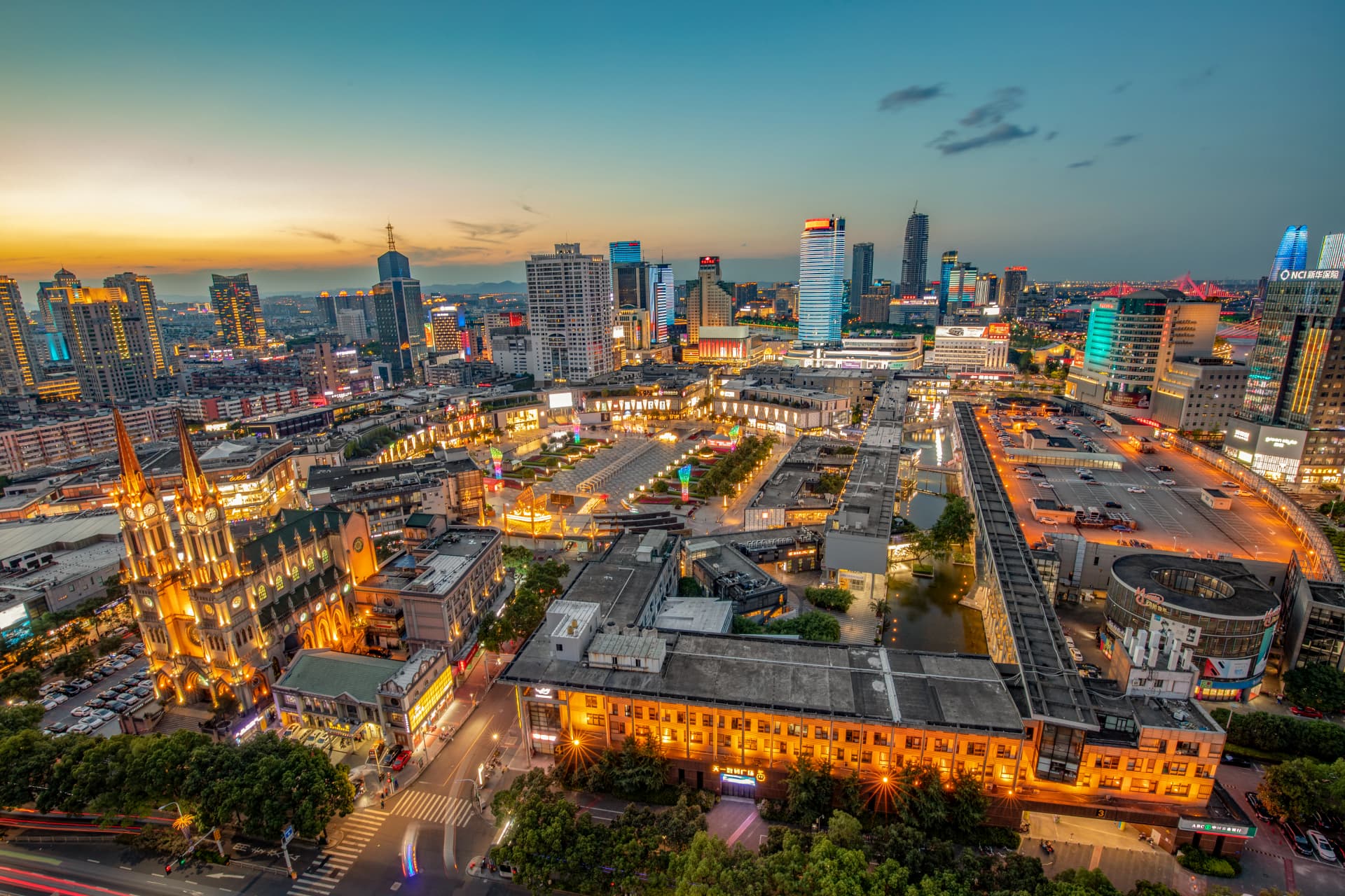 Cityscape around Tianyi Square in central Ningbo