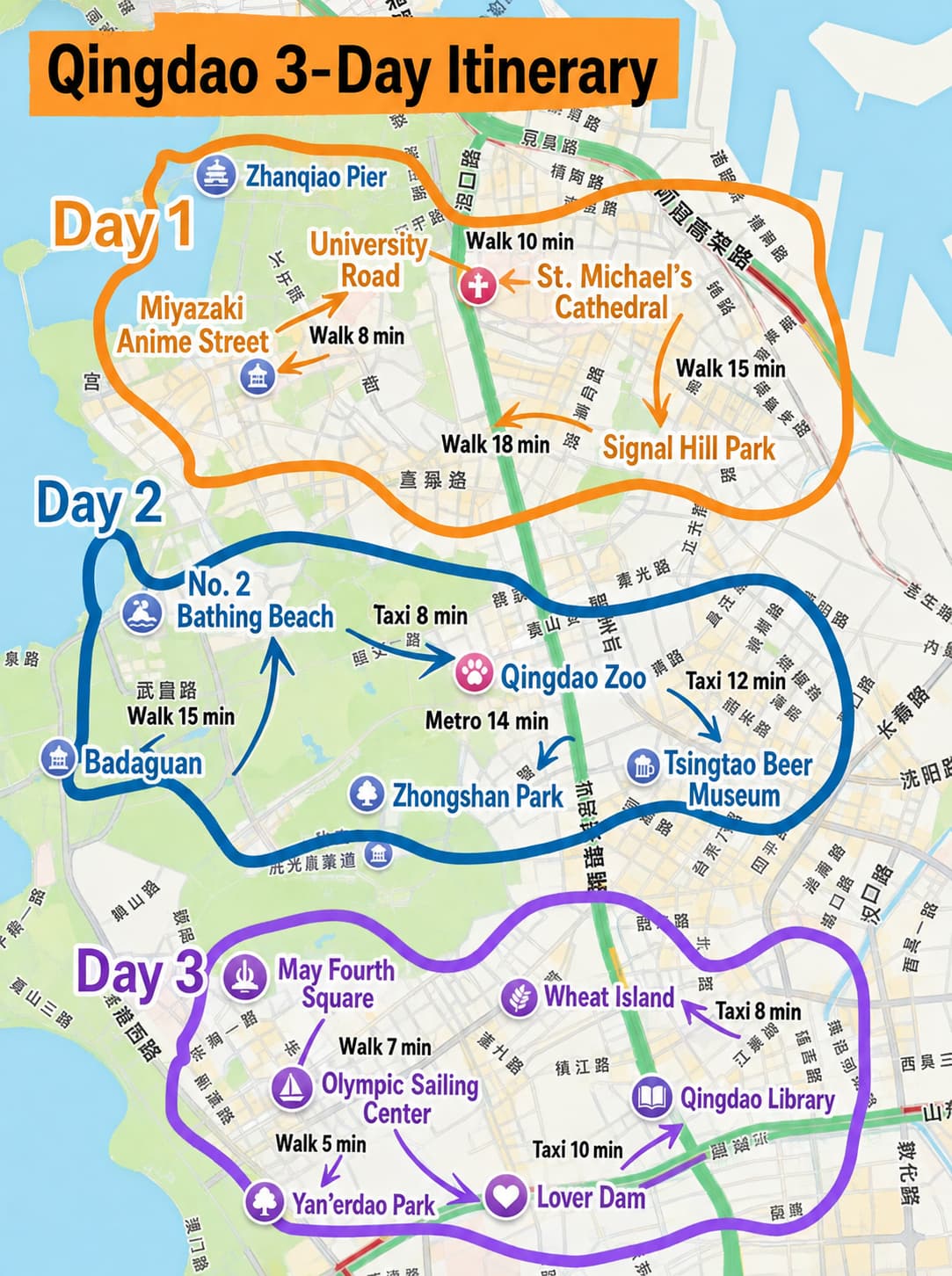 Mapa ilustrado de la ruta y los puntos de visita, lámina 1