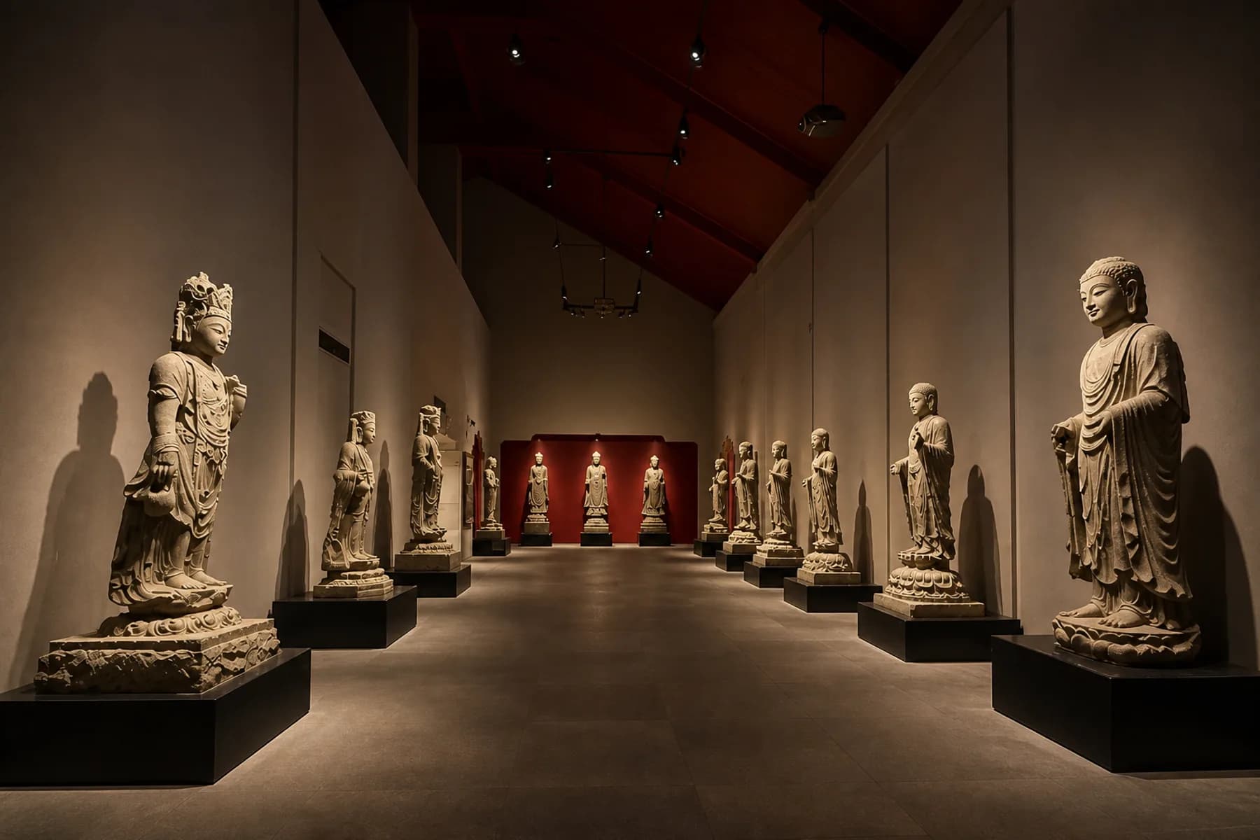 Vista a través de una tranquila galería de esculturas budistas en piedra