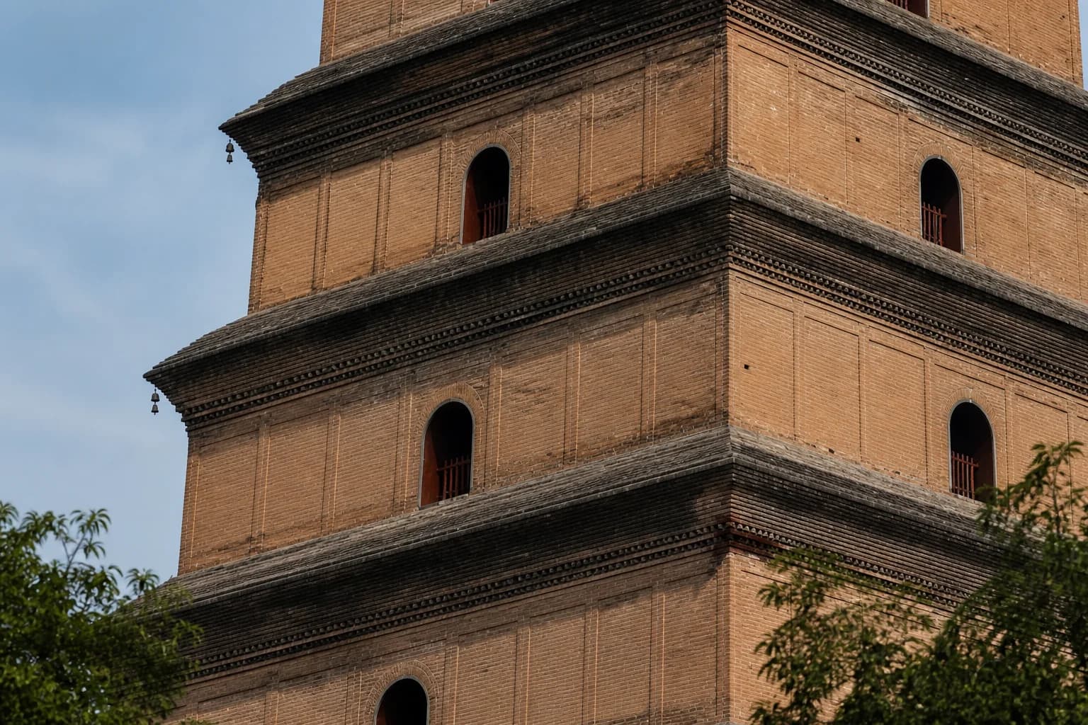Niveles de ladrillo erosionado y aberturas arqueadas de la Gran Pagoda del Ganso Salvaje