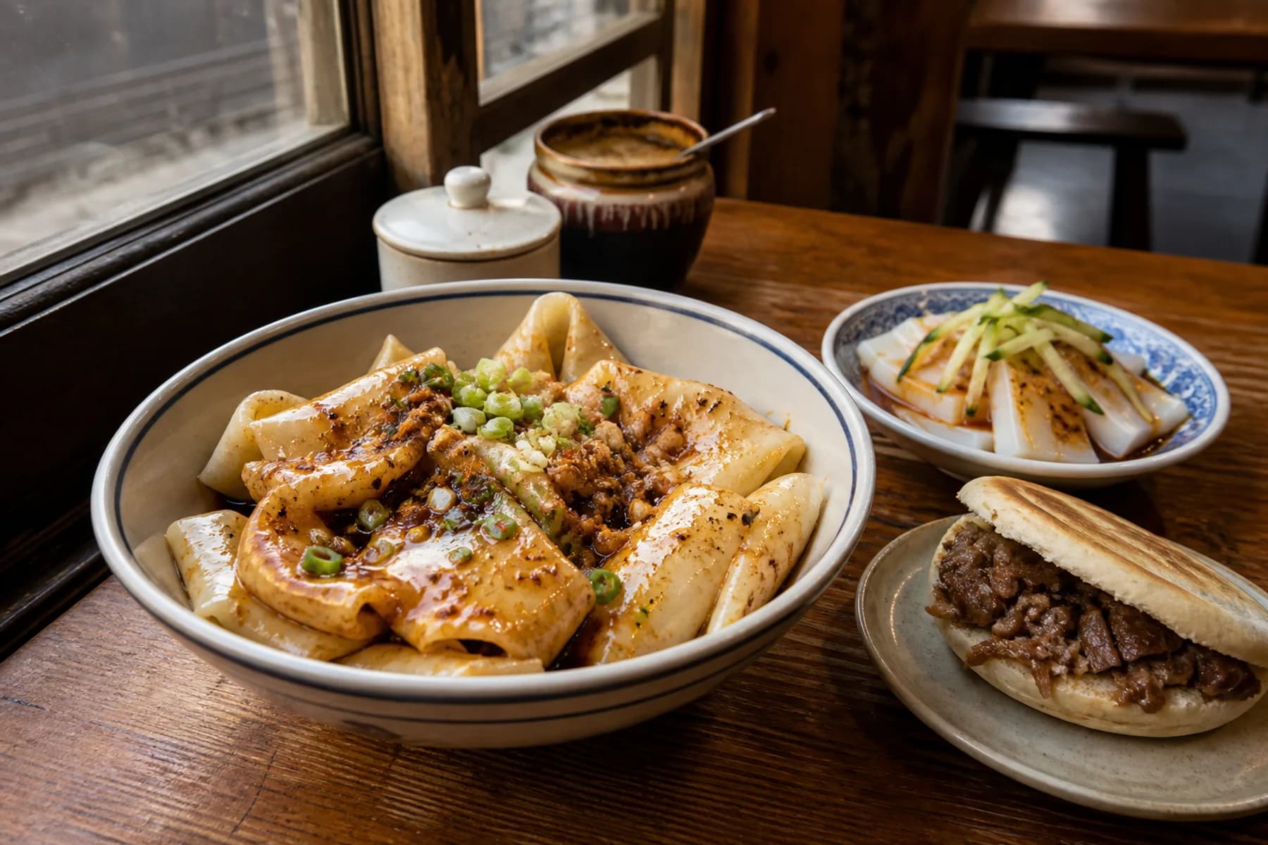 Comida editorial de Xi'an con fideos anchos biangbiang, roujiamo y un pequeño plato de liangpi