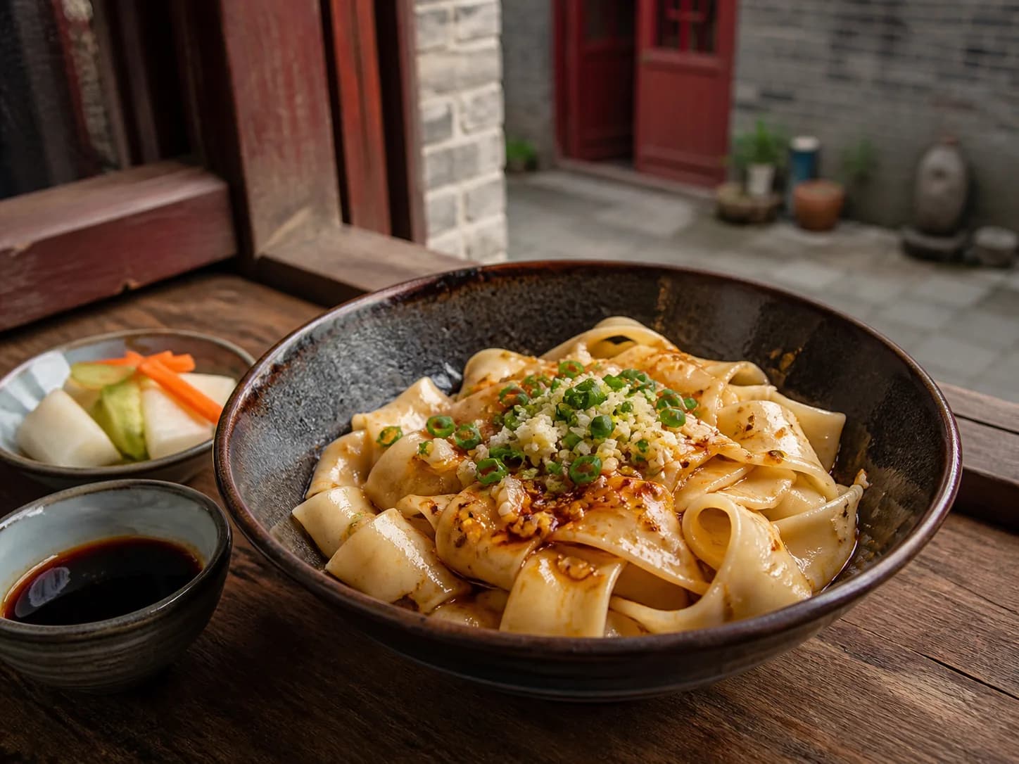 Ilustración de anchos fideos biangbiang de Xi'an con chile y verduras