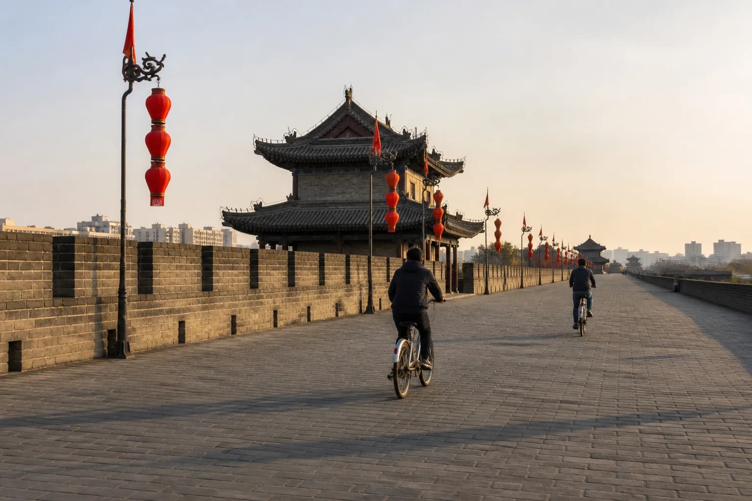 Imagen de dos visitantes anónimos en bicicleta sobre la Muralla de la Ciudad de Xi'an durante la hora dorada