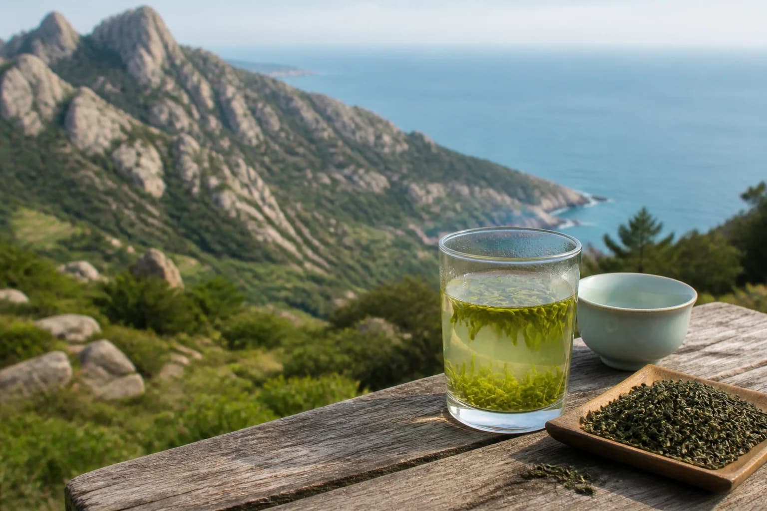 Bodegón de té verde de Laoshan con montañas costeras de granito
