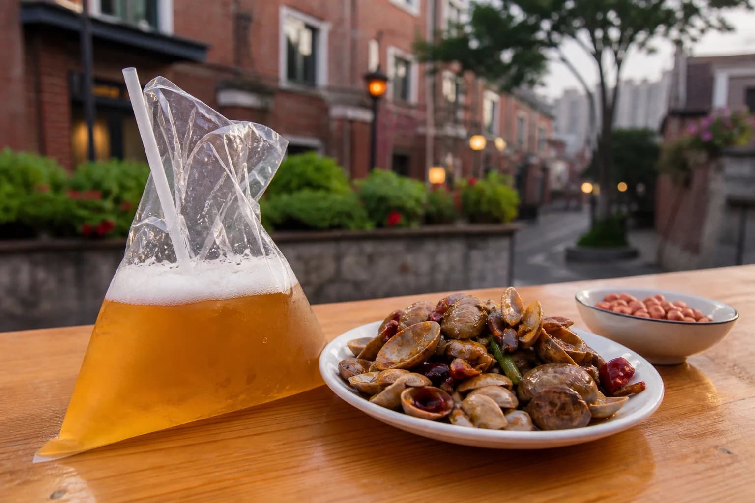 Escena de cerveza de barril en bolsa al estilo de Qingdao con almejas picantes y cacahuetes