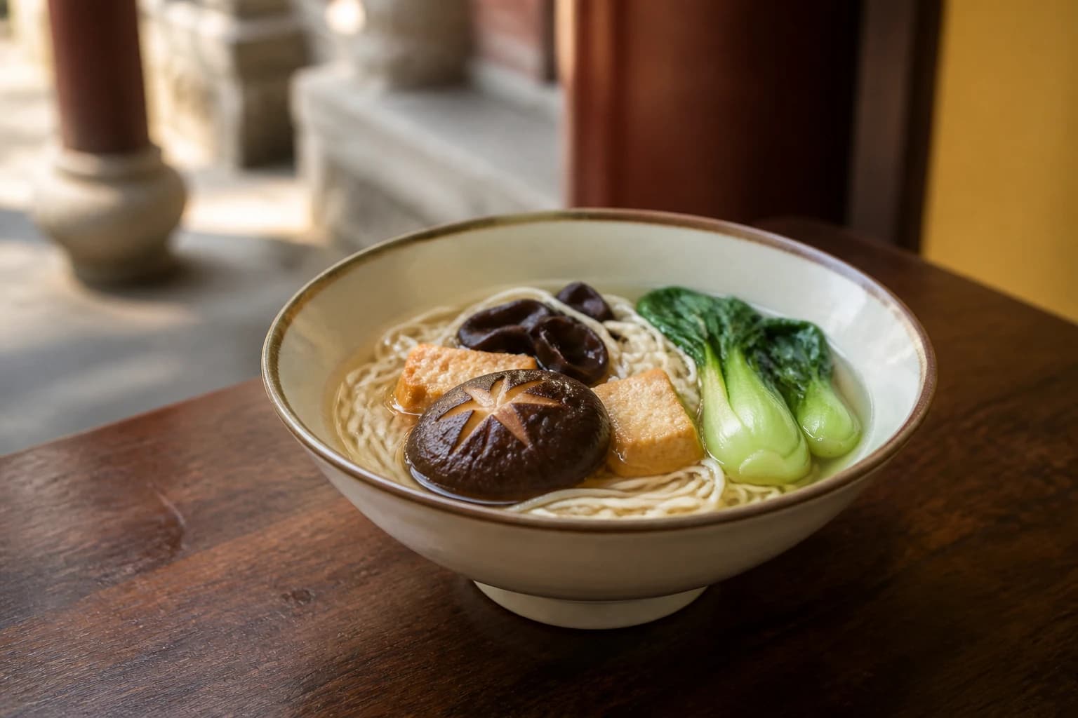 Un plato sencillo de fideos vegetarianos con tofu, champiñones y verduras