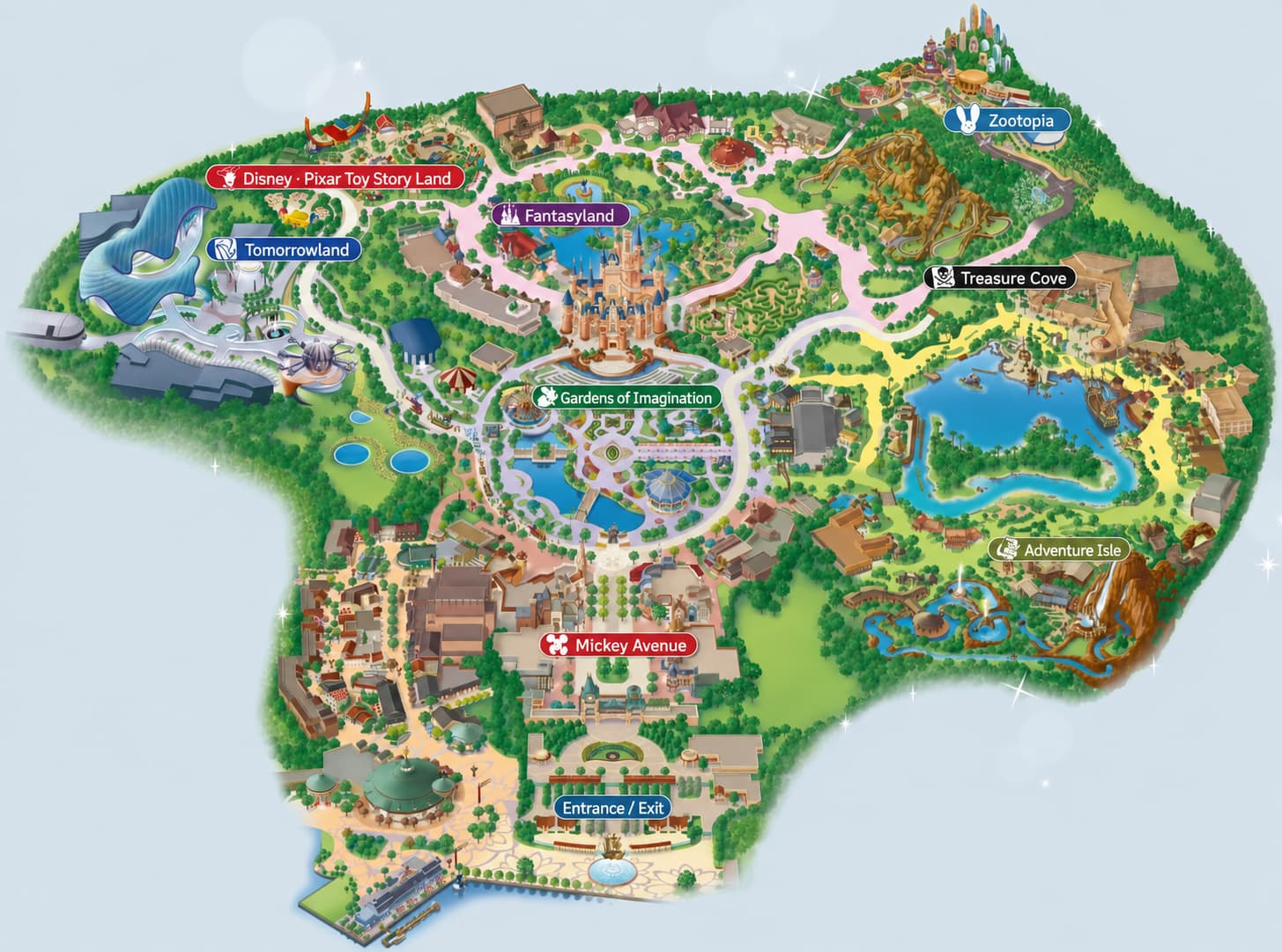 Overview of Shanghai Disneyland lands including Zootopia, Treasure Cove, Adventure Isle, Fantasyland, Toy Story Land and Tomorrowland