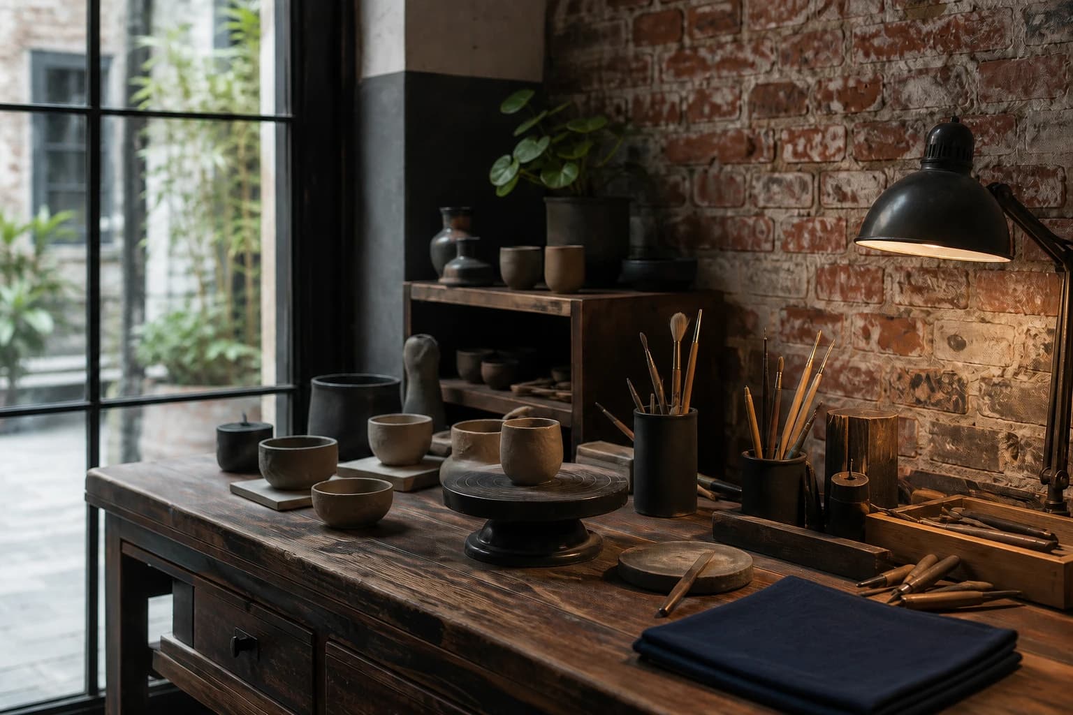Mesa de trabajo de un alfarero con tazas de arcilla, pinceles y herramientas para tallar.