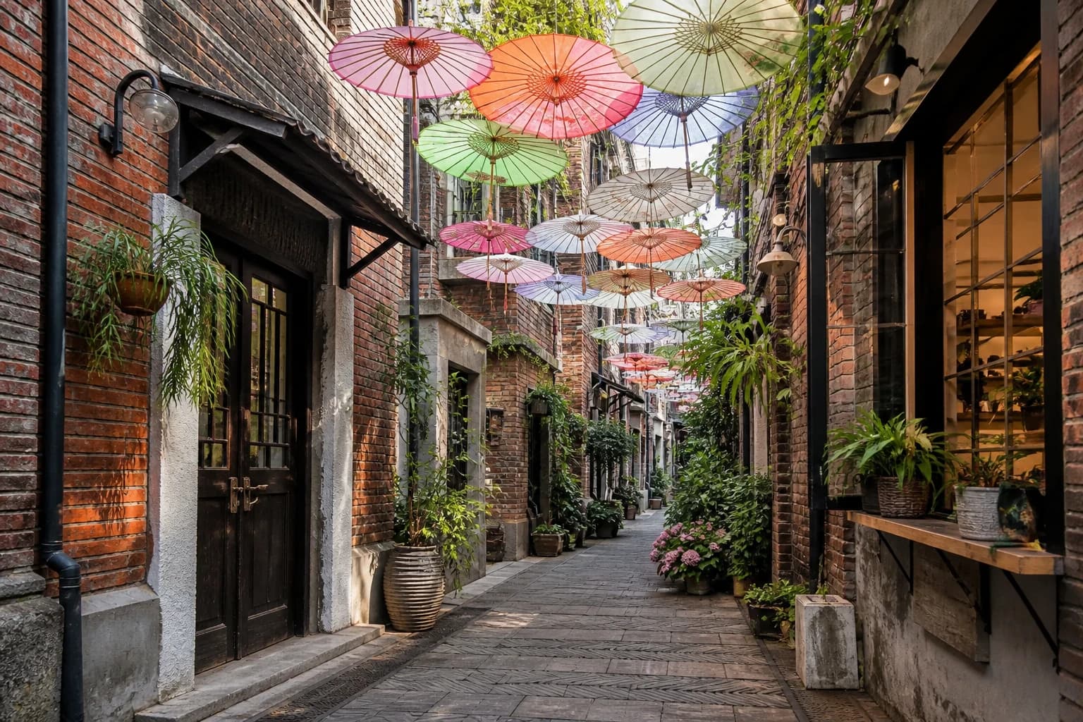 Una estrecha calle Tianzifang de ladrillo rojo con coloridas sombrillas y plantas en lo alto