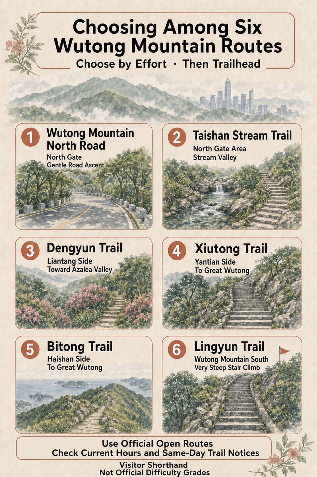 Comparación en inglés de las seis rutas oficiales de Wutong Mountain