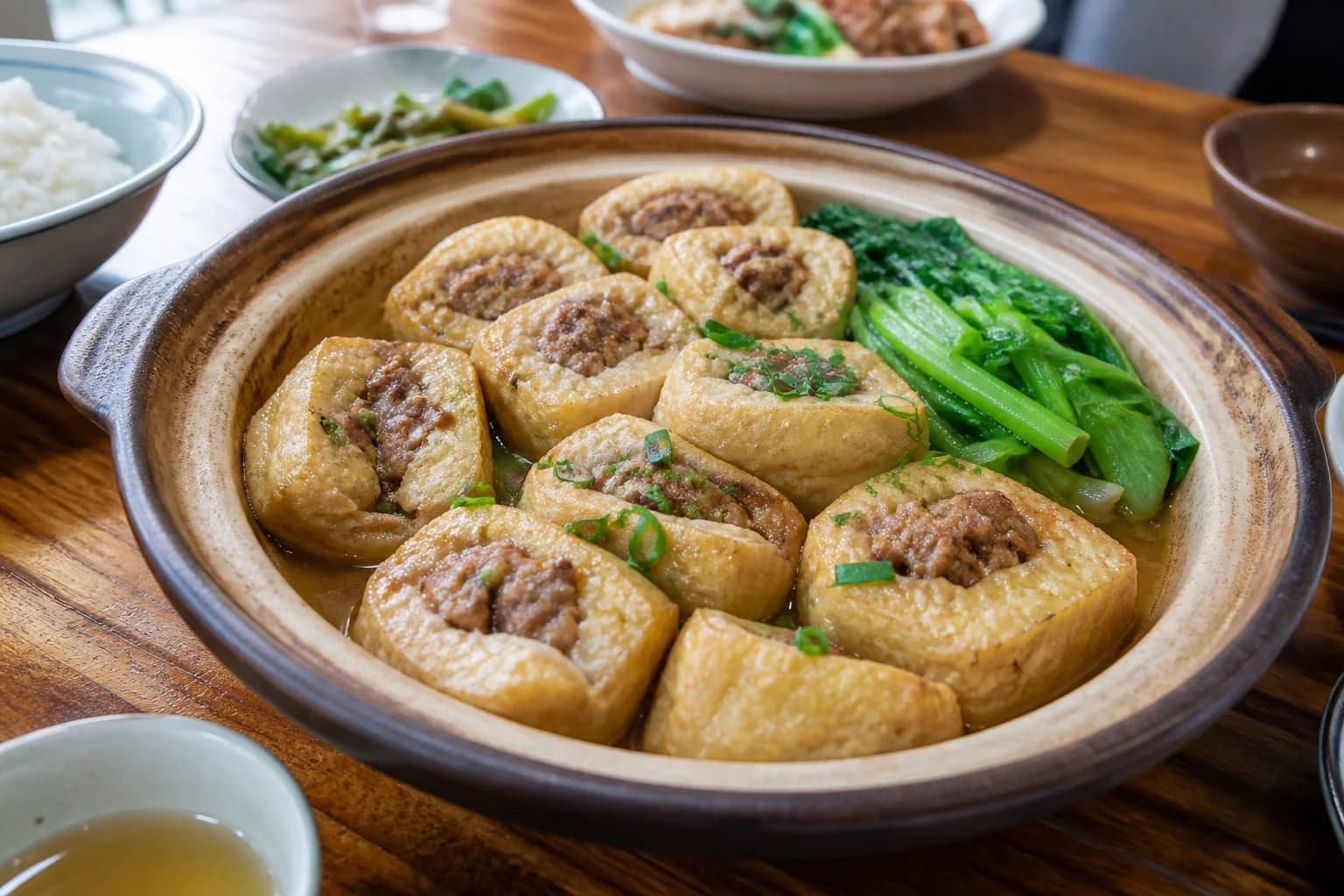 Tofu relleno hakka en una cazuela de barro