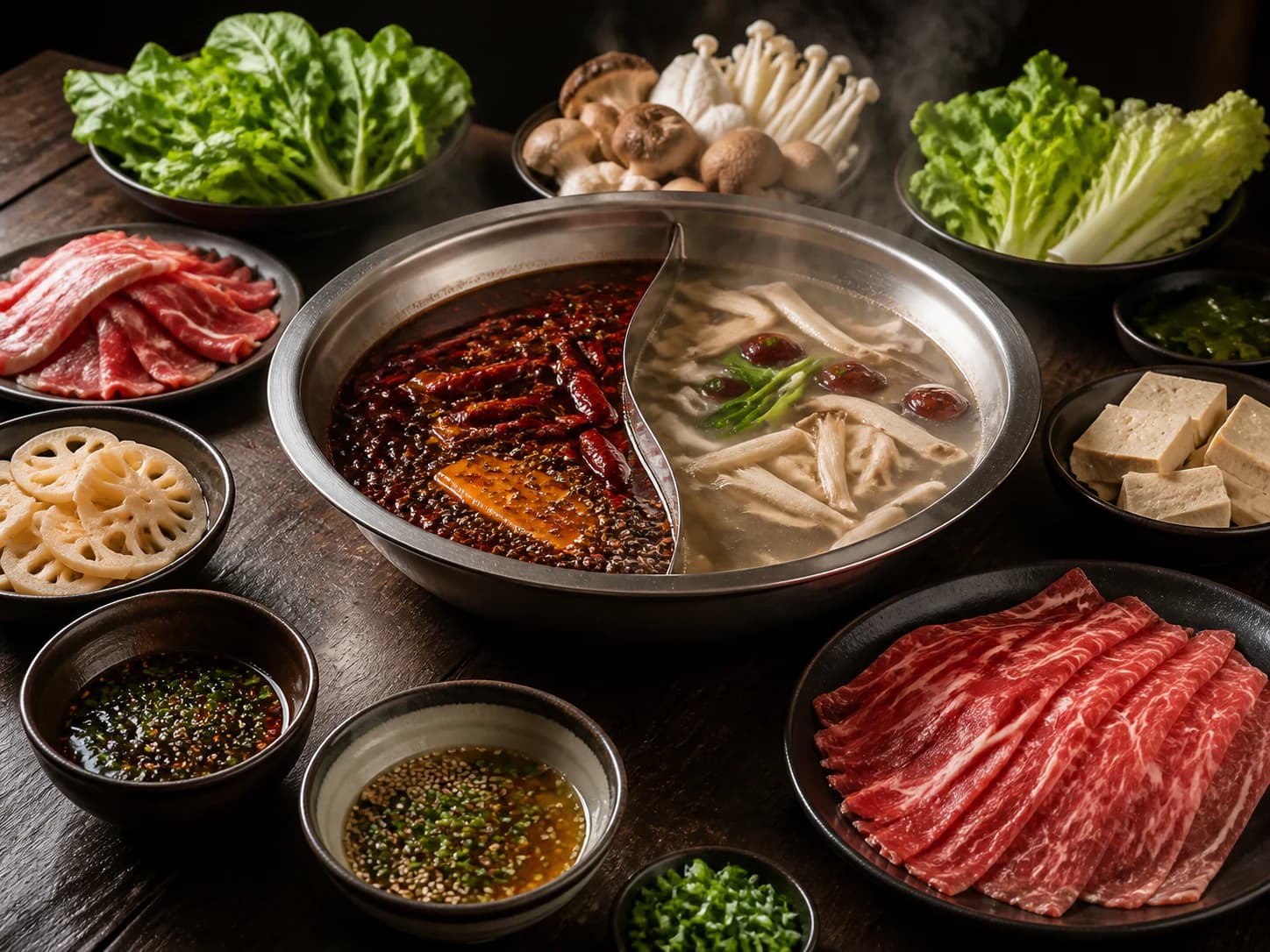 Imagen de una comida genérica de hot pot sichuanés dividido