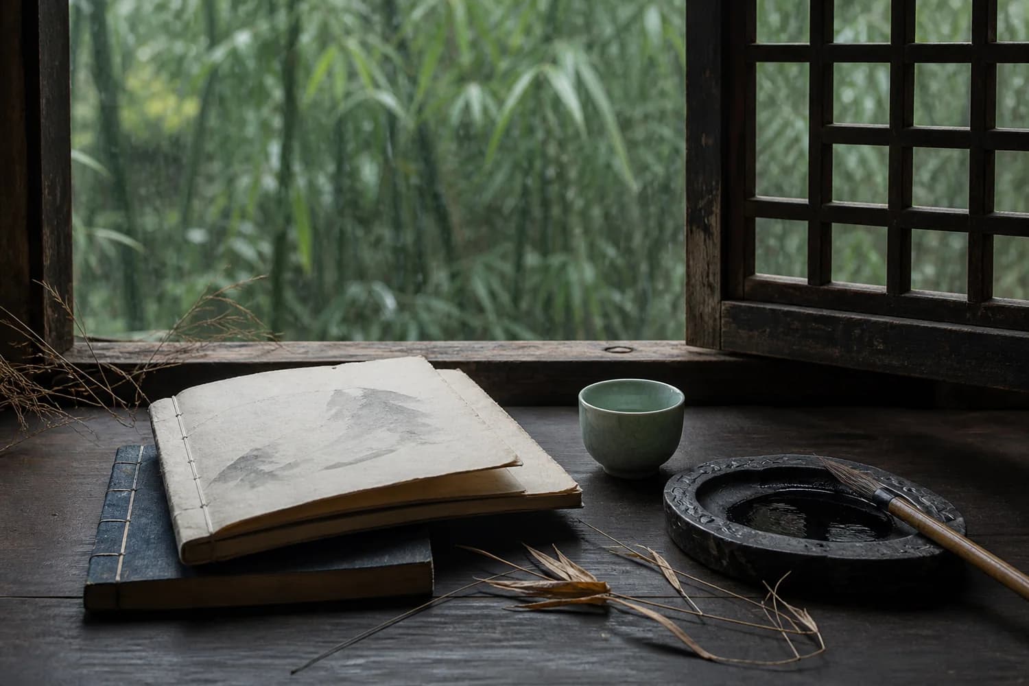 Bodegón editorial de un cuadernillo de poesía, una piedra de tinta, un pincel y té junto a bambú bajo la lluvia