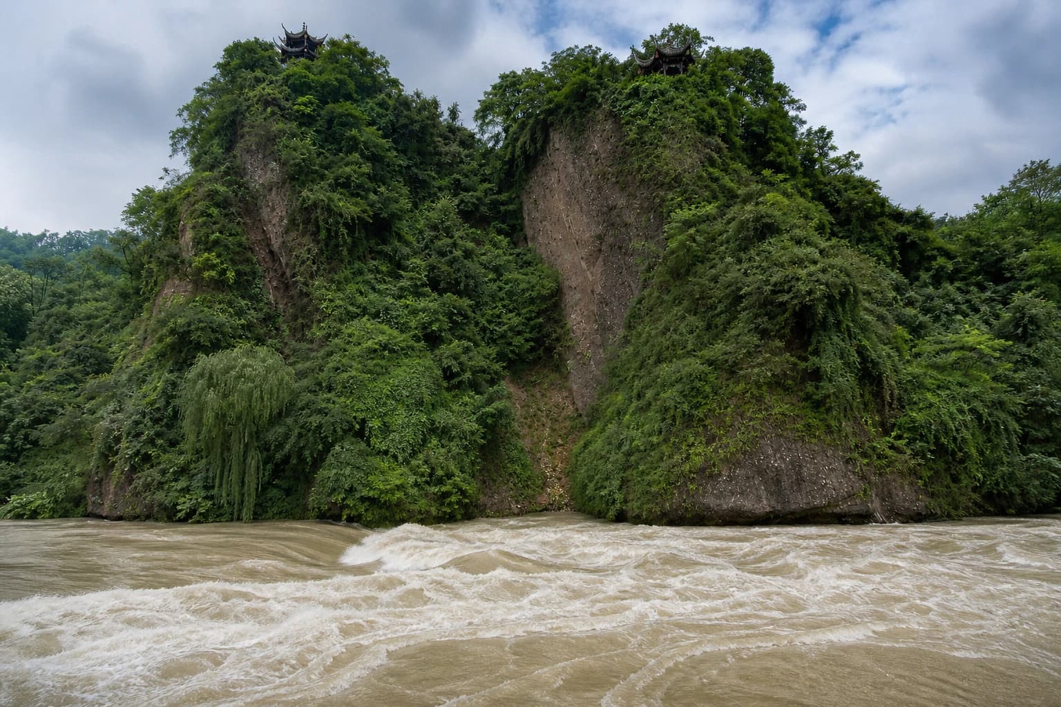 Vista editorial del corte rocoso vegetado de Li Dui y el agua rápida junto a Baopingkou