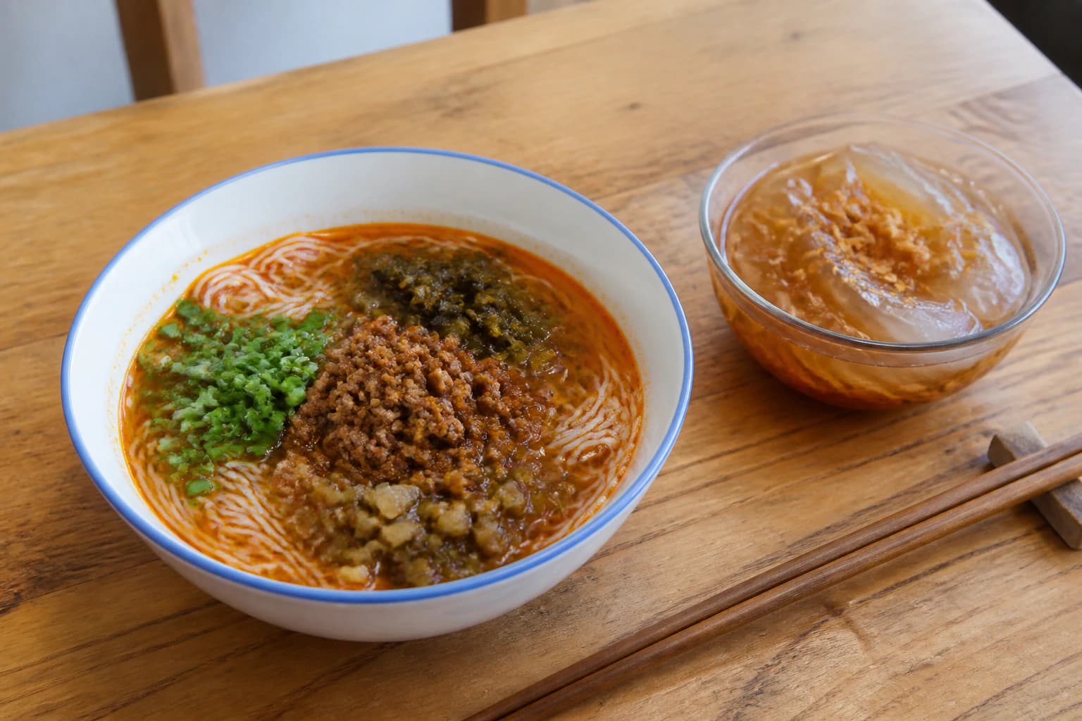 Bodegón editorial de fideos de arroz estilo Dujiangyan y gelatina de azúcar moreno fría