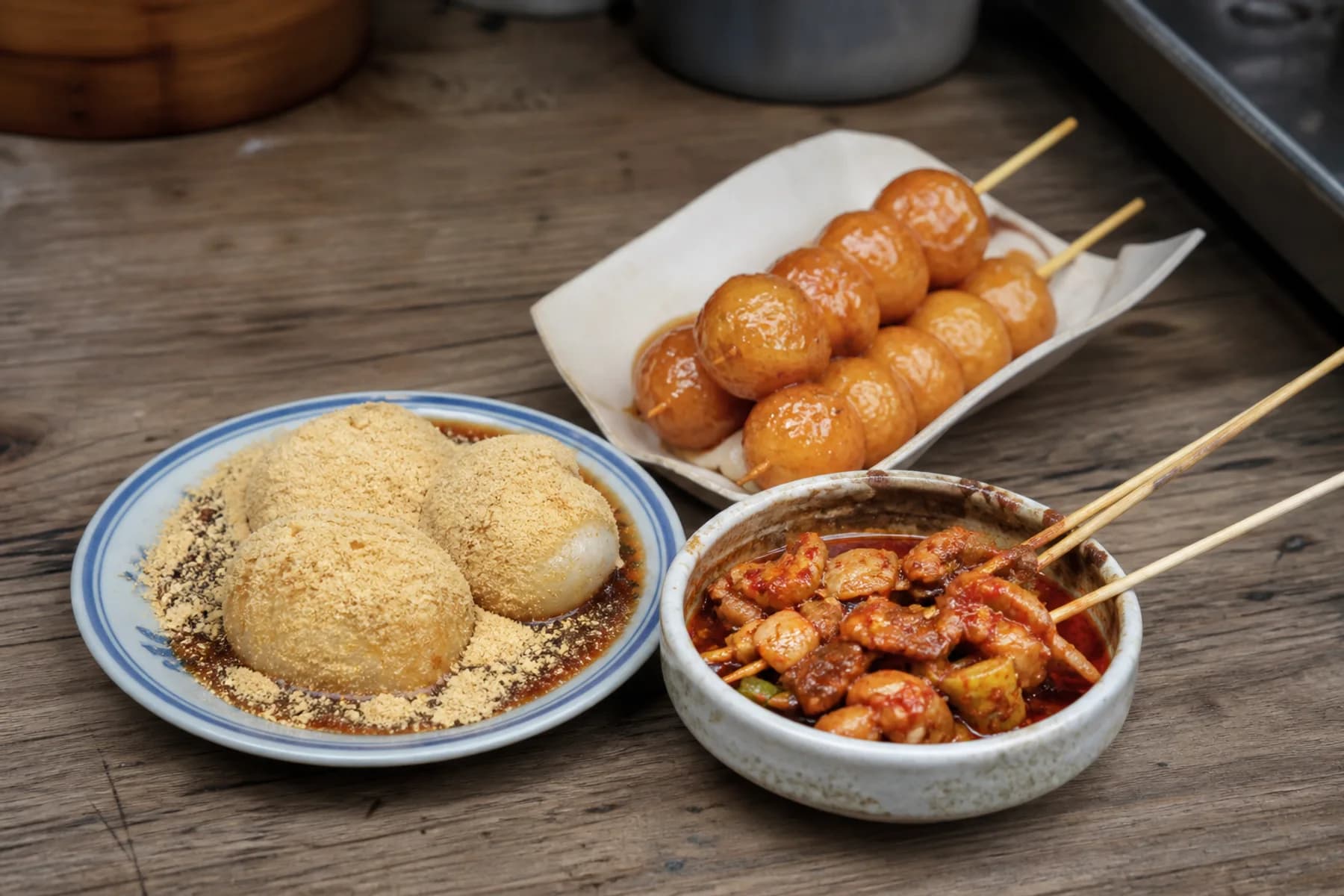 Snacks de Chengdu, incluidas bolas de arroz sanda pao, tangyouguo y pollo bobo