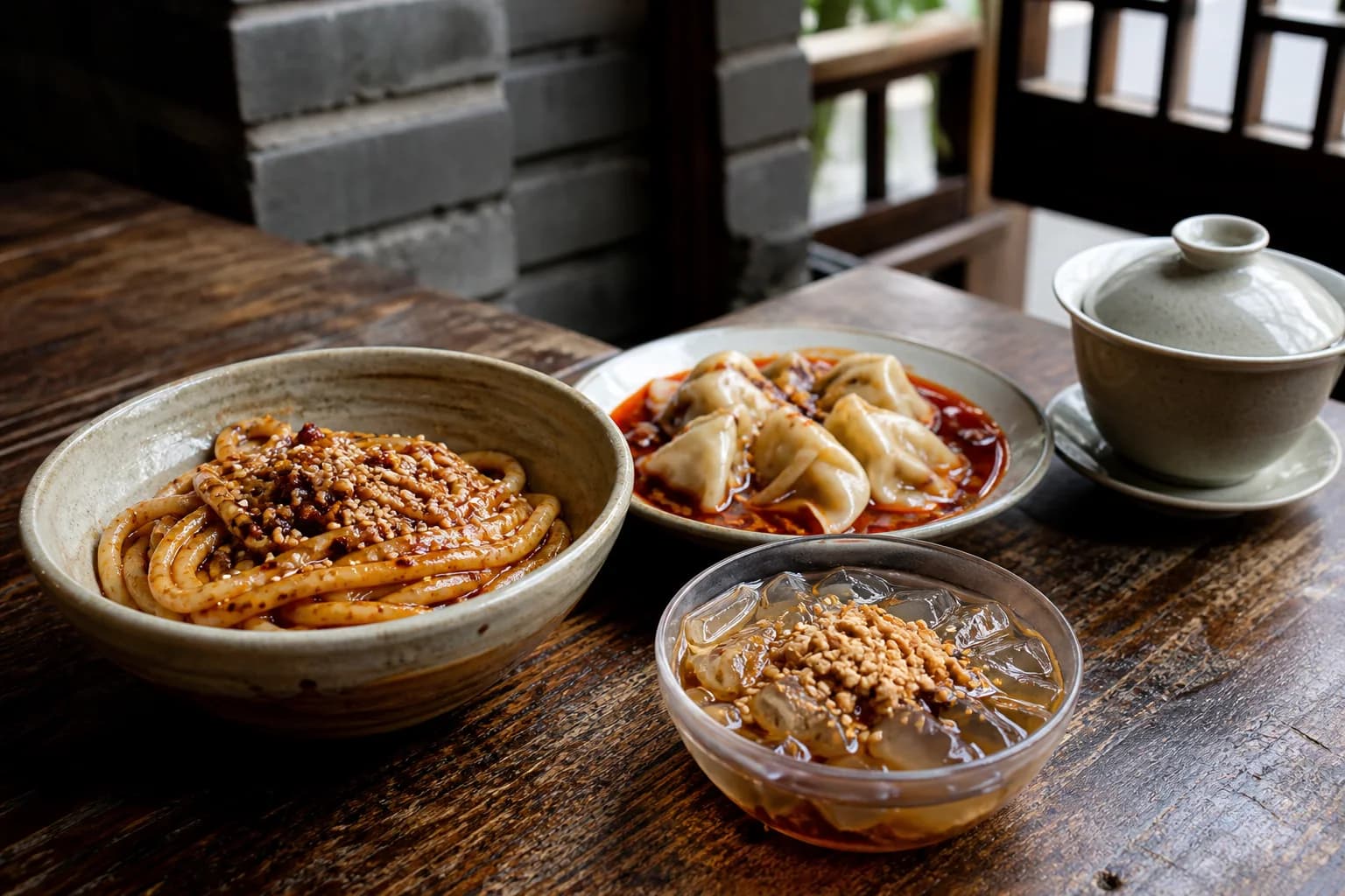 Mesa de aperitivos de Chengdu con fideos de agua dulce, empanadillas Zhong, gelatina de hielo y té gaiwan