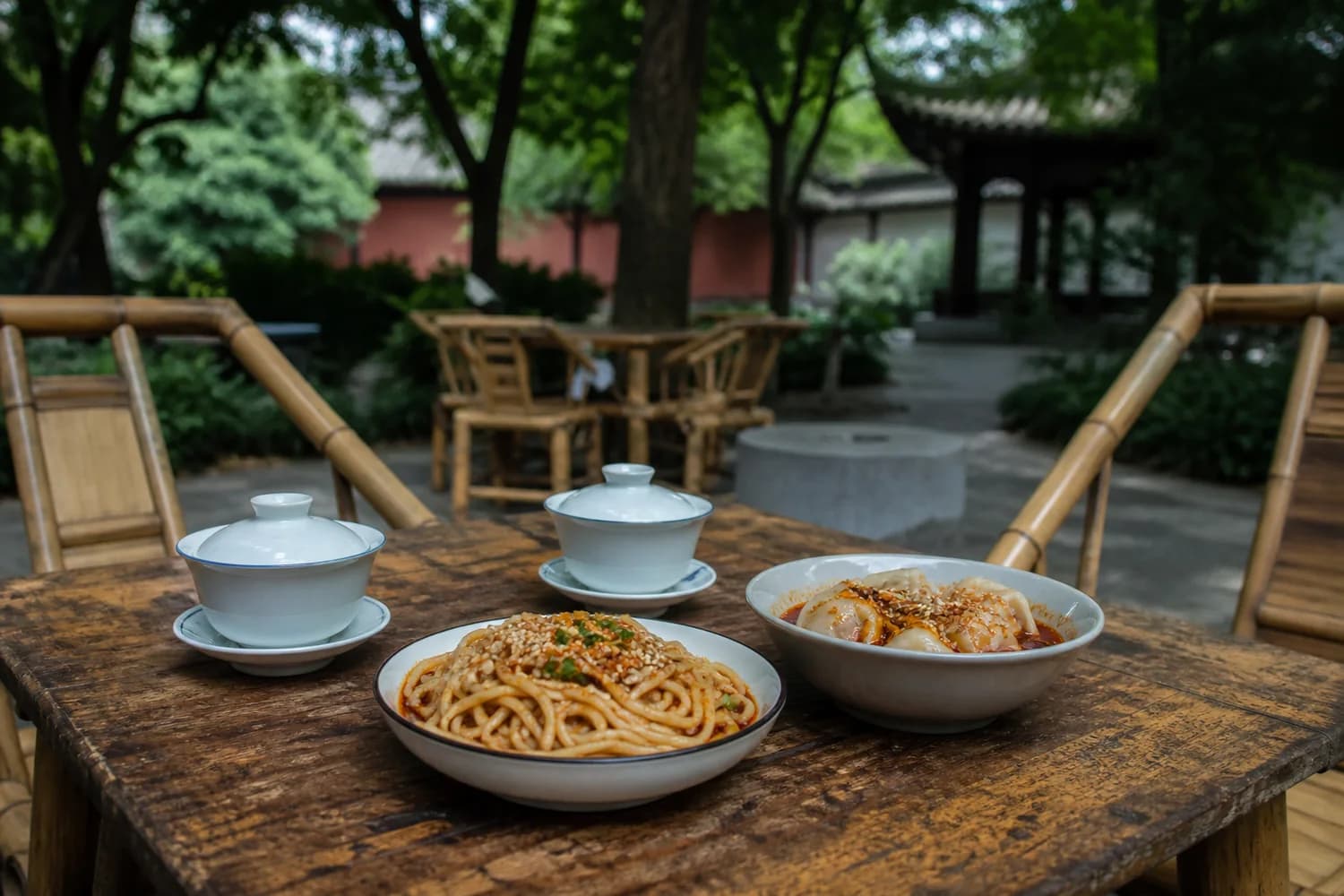 Escena de té en gaiwan, fideos de agua dulce y empanadillas Zhong cerca de un parque de Chengdu