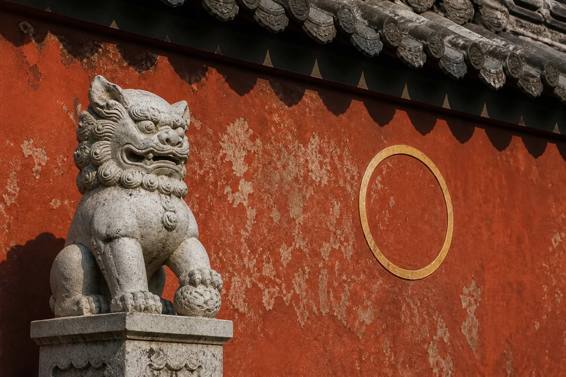 Detalle de un león guardián de piedra junto a un muro de templo desgastado