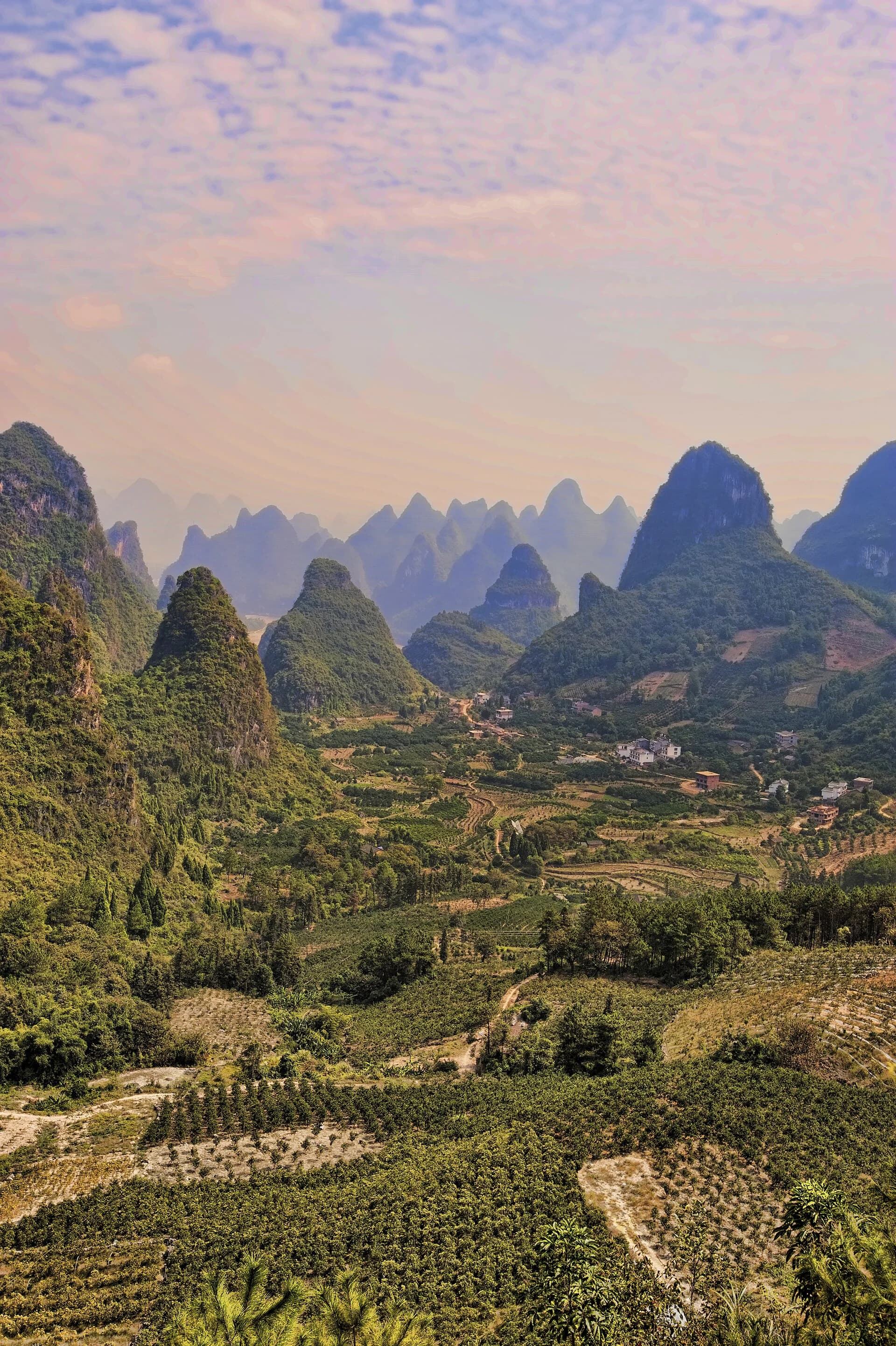 Parcelas agrícolas y vegetación bajo picos kársticos de Yangshuo