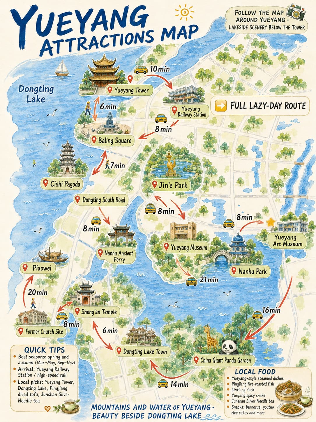 English route map for Yueyang Travel Guide: One Historic Lake Night or a Junshan Day, option 1