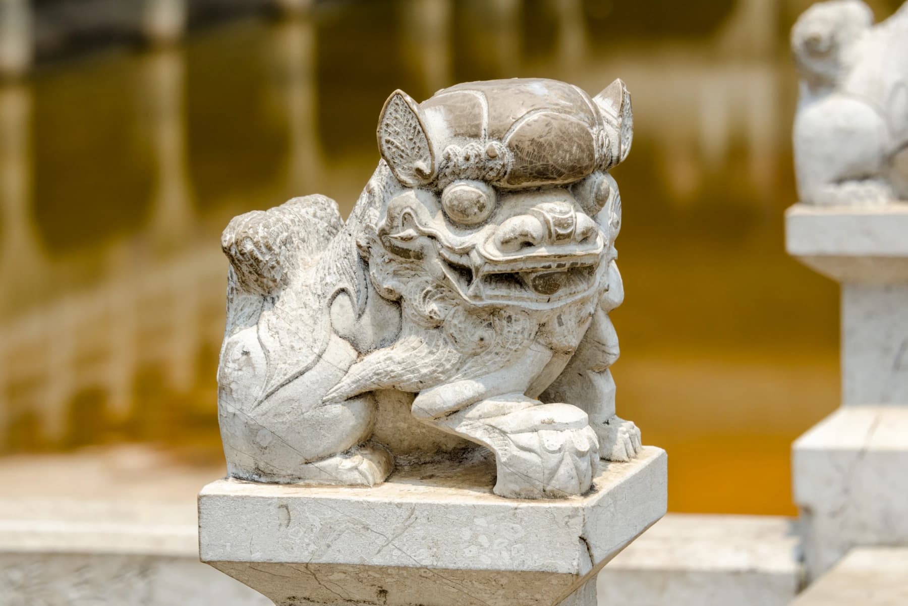 Guardián de piedra y agua reflectante en el templo Yuantong
