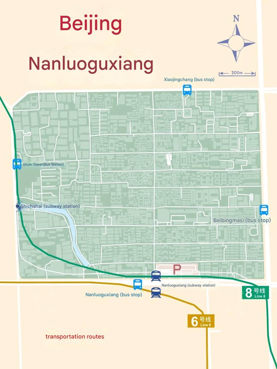 Mapa de transporte que muestra las rutas de metro y autobús a Nanluoguxiang