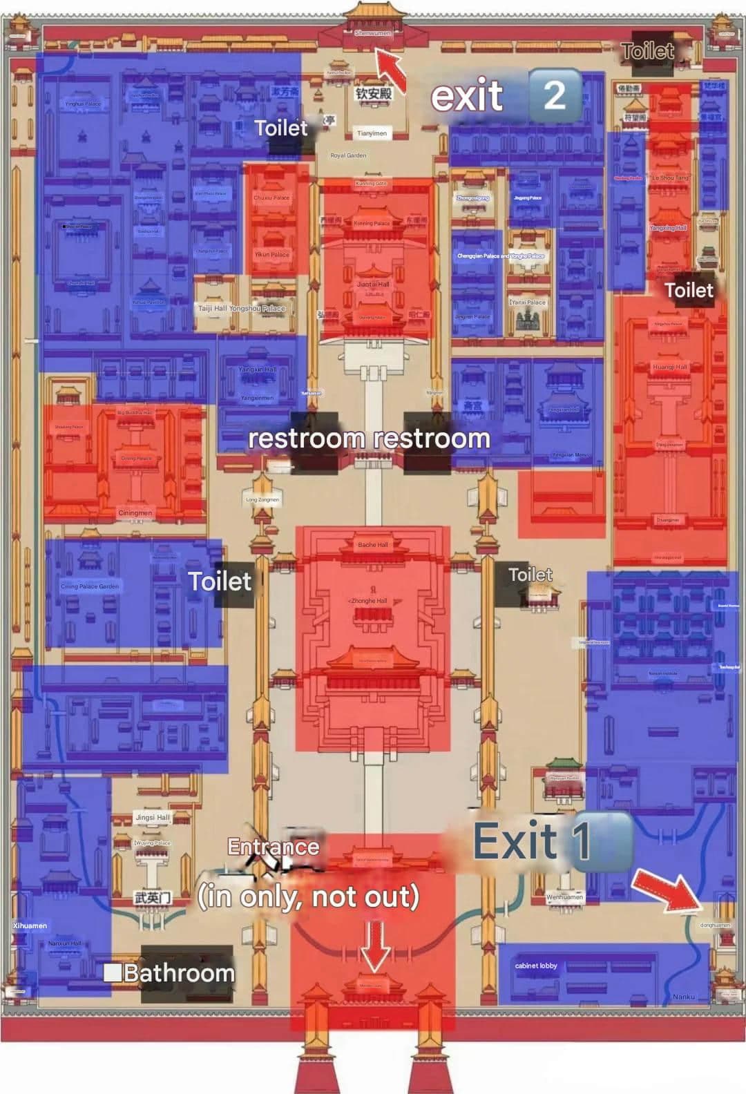 Mapa de las instalaciones para visitantes de la Ciudad Prohibida que muestra la ubicación de los baños, salidas y servicios en todo el complejo del palacio.